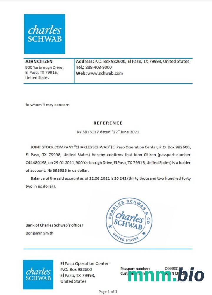 Przykład odniesienia USA Charles Schwab w formatach Word i PDF